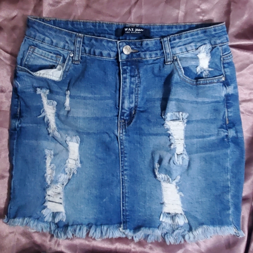 Wax Jean Women's Denim Skirt Size L Blue Jean Distressed Mini LA Night Out Retro